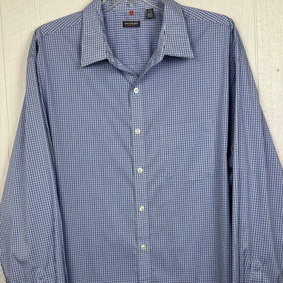 Van Heusen Traveler shirt men’s 2XLT button up long sleeve blue plaid check - Picture 2 of 8